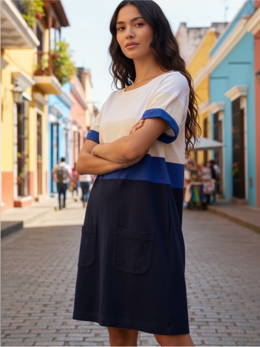 J. Crew White, Royal Blue & Navy Short-Sleeve Colorblock Shift Dress